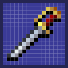 This example creates Alucard's Sword (from the Castlevania game) from one continuous sequence of 256 symbols. Instead of relying on line breaks, we set the row width to 16, which wraps the sequence into a 16×16 symbol map. The color rules form a dark-blue field, a black contour, a silver blade, and a gold-and-red hilt. We enlarge each symbol pixel into a 16×16 block, add a light grid that separates the cells, and create a 12-pixel dark-blue frame around the BMP. (Source: Konami.)