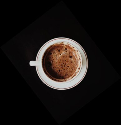 In this example, we rotate a BMP photo of an espresso cup directly in the input preview. We drag the image counterclockwise by eye until the cup handle points to the left. The tool measures this visual adjustment in radians and displays the resulting value of 0.65 radians in the options, which is approximately 37.2 degrees. As the original bitmap has a solid black background, we also fill the newly created corners with black. The matching colors blend together, making the boundary of the rotated image impossible to notice. (Source: Pexels.)