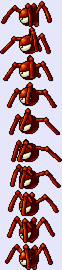 In this example, we convert a ten-frame Hopper Mecha animation from Metal Slug 3 into a tall bitmap sprite strip. We set the layout to one column, so the mechanical creature's changing poses are stacked from top to bottom in their original order. We convert the frames to BMP at their original size and add a light lavender background to the finished strip. (Source: SNK.)