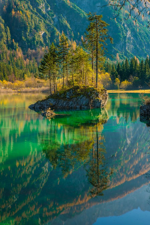 In this example, we save the forest and lake photo as a standard 24-bit BMP. This common bitmap layout stores one byte for blue, one for green, and one for red in every pixel, providing 256 levels per channel and up to 16,777,216 possible colors without using a palette. (Source: Pexels.)
