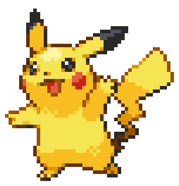 In this example, we construct a Pikachu sprite from a 48-by-50 character map. Periods create the white background, while ten letter symbols represent the yellows, browns, reds, highlights, and dark outlines used for Pikachu's body and details. The equal-length input lines determine the bitmap width automatically, while a block size of 7 enlarges each symbol pixel and a 10-pixel white frame adds space around the finished sprite. (Source: Nintendo.)
