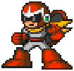 In this example, we horizontally flip a pixel-art BMP sprite of Proto Man. Initially, the character faces left and his yellow scarf extends to the right. After the flip, he faces right and the scarf trails behind him on the left. This creates an opposite-facing sprite without redrawing the character. (Source: Capcom.)