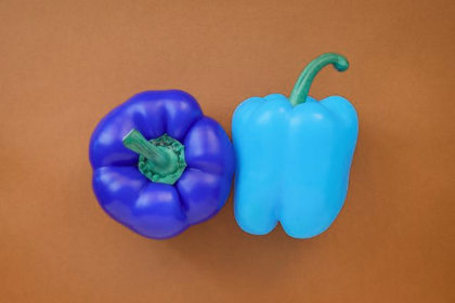 In this example, we convert an RGB bitmap of red and yellow peppers on a blue background to BGR order. Exchanging red and blue turns the blue background brownish orange, changes the red pepper to blue-violet, and makes the yellow pepper bright cyan. The green stems change much less because green remains in the middle position of color channels. (Source: Pexels.)
