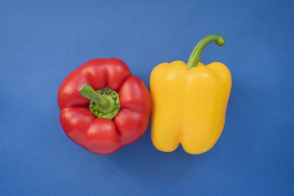 In this example, we convert an RGB bitmap of red and yellow peppers on a blue background to BGR order. Exchanging red and blue turns the blue background brownish orange, changes the red pepper to blue-violet, and makes the yellow pepper bright cyan. The green stems change much less because green remains in the middle position of color channels. (Source: Pexels.)