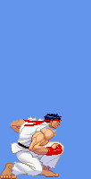 In this example, we isolate the rising part of Ryu's Shoryuken from Street Fighter Alpha 3 and turn it into a horizontal bitmap sprite strip. We slow the preview to 250 milliseconds per frame, making each step of the move easier to inspect and the needed section easier to select. The source animation has seventeen frames, but we skip frames 9 through 17 and keep the first eight poses, from the low starting stance to the airborne uppercut. (Source: Capcom.)