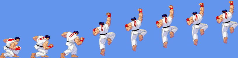 In this example, we isolate the rising part of Ryu's Shoryuken from Street Fighter Alpha 3 and turn it into a horizontal bitmap sprite strip. We slow the preview to 250 milliseconds per frame, making each step of the move easier to inspect and the needed section easier to select. The source animation has seventeen frames, but we skip frames 9 through 17 and keep the first eight poses, from the low starting stance to the airborne uppercut. (Source: Capcom.)