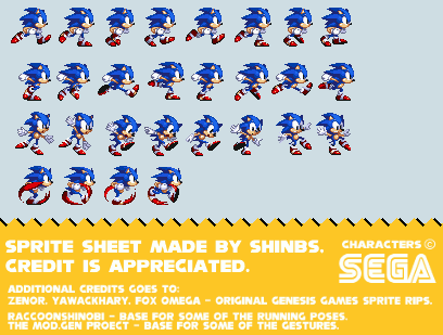 In this example, we animate a sprite sheet made by Shinbs. The Sonic sprite sheet contains four horizontal animation strips. We decided to animate the second strip where Sonic is running. As the size of one sprite is 40px by 50px, we move the starting frame to the position (10, 50). There is extra space at the end of the sprite strip so we remove the two empty frames at the end by entering the frame numbers 9 and 10 in the sprites to skip field. We also change the background color of the animation by replacing the input background hex color #cedde3 (gray) with the new color #ffce38 (yellow). We play the animation at 10fps by giving a duration of 100ms to each frame and keep the zoom level at 2x.