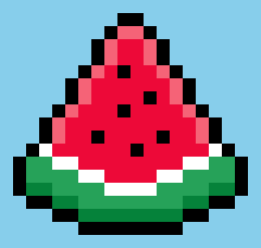 In this example, we convert a 20-by-19 grid of digits into a colorful watermelon slice. Seven symbol rules assign sky blue to "0", black and white to the outline, two shades of red to the fruit, and two shades of green to the rind. As every input line is exactly 20 characters long, we leave the row width empty and use the existing line breaks to arrange the bitmap. A block size of 12 expands the symbol design into a crisp 240×228 BMP without grid lines or extra framing.