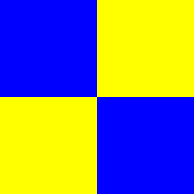This example draws a 400×400 bitmap image from just four pixels. Each pixel has dimensions of one-quarter of bitmap's dimensions. We enter the two allowed colors in a vertical list using their names "yellow" and "blue". Each time you click on the example, the program re-runs the randomness algorithm, so you get different colored squares in the output.